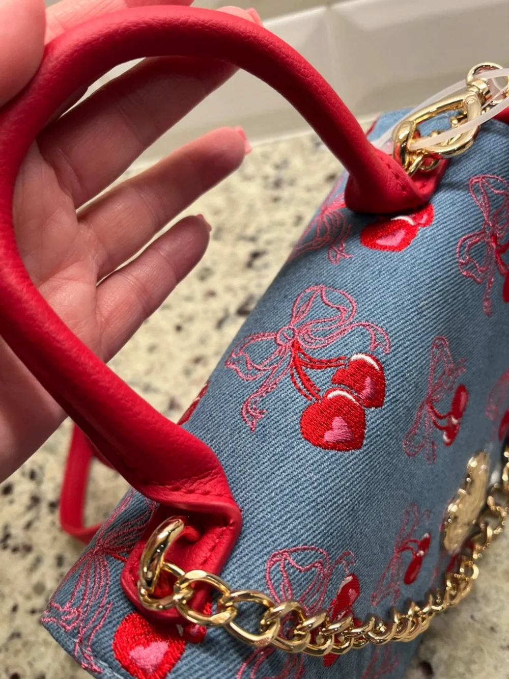 Betsy Johnson Cherry Denim Kitsch Crossbody Bag NWT - Picture 6 of 12